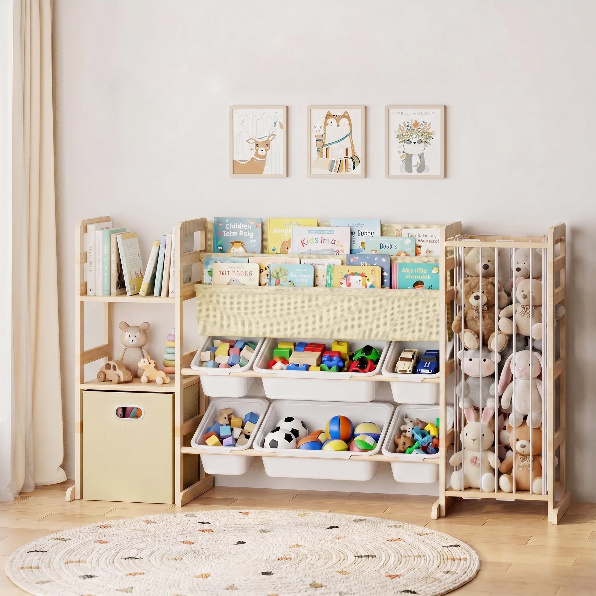 Spielzeug-Aufbewahrungs-Organizer mit Bücherregal und Stofftier-Aufbewahrung – Kinderspielzimmer-Organisation mit Regalen und 7 Spielzeugbehältern, 4-in-1 Kleinkind-Bücherregal aus Montessori-Holz