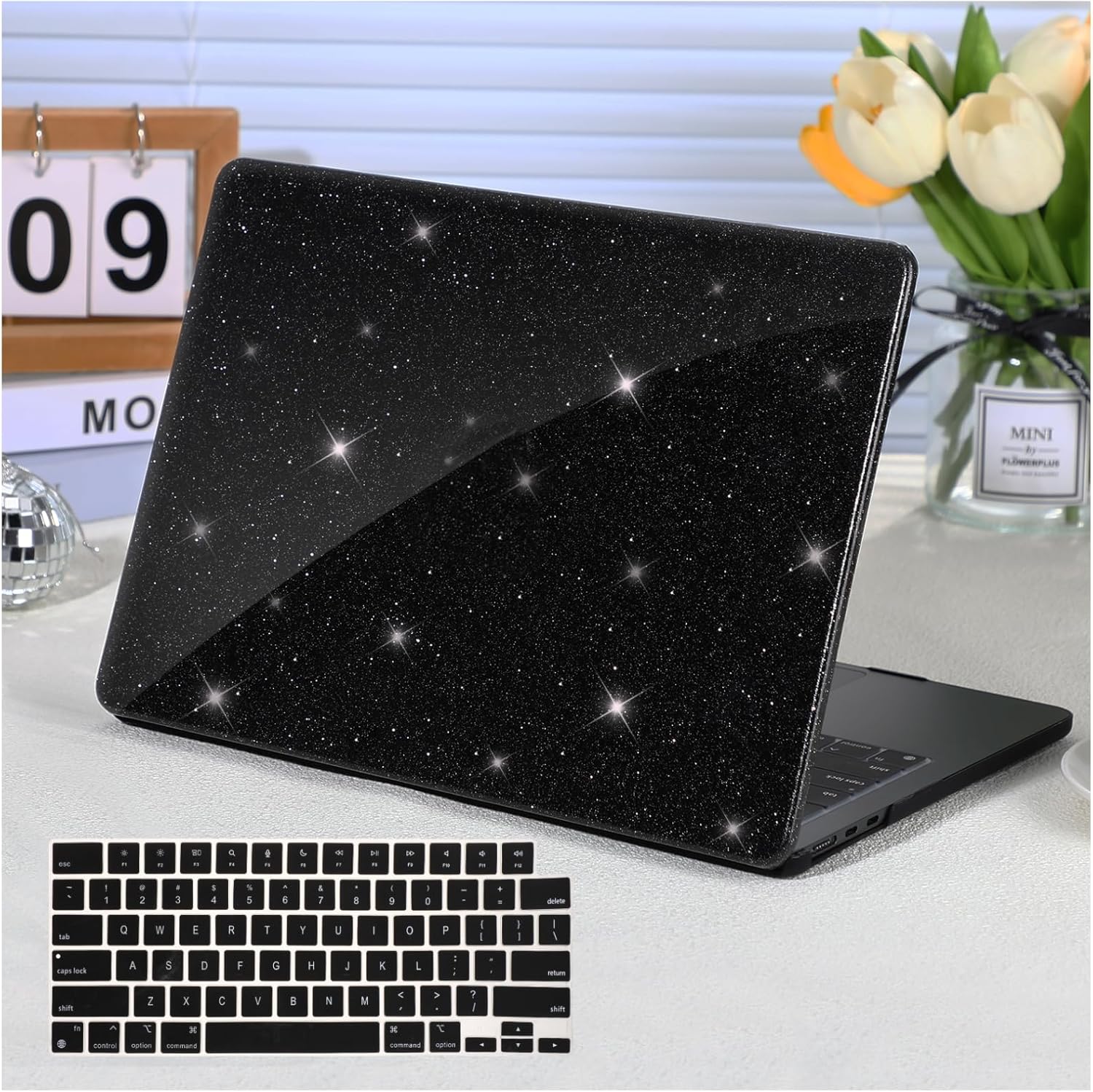 Funut for MacBook Pro 13 inch Case 2024 2023 2022 2021-2016 Release M2 A2338 M1 A2251 A2289 A2159 A1989 A1706 with Touch Bar, Glitter Bling Leather Hard Shell Case & Keyboard Cover,Glitter Black