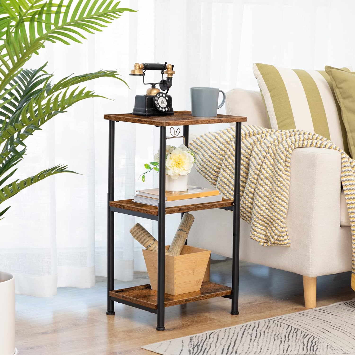 HOOBRO Side Table, Height-Adjustable Nightstand with Storage Shelves, 3-Tier Tall Industrial End Table, Coffee Table, for Living Room, Bedroom, Study, Solid Structure, Rustic Brown BF65BZ01 : Home & Kitchen