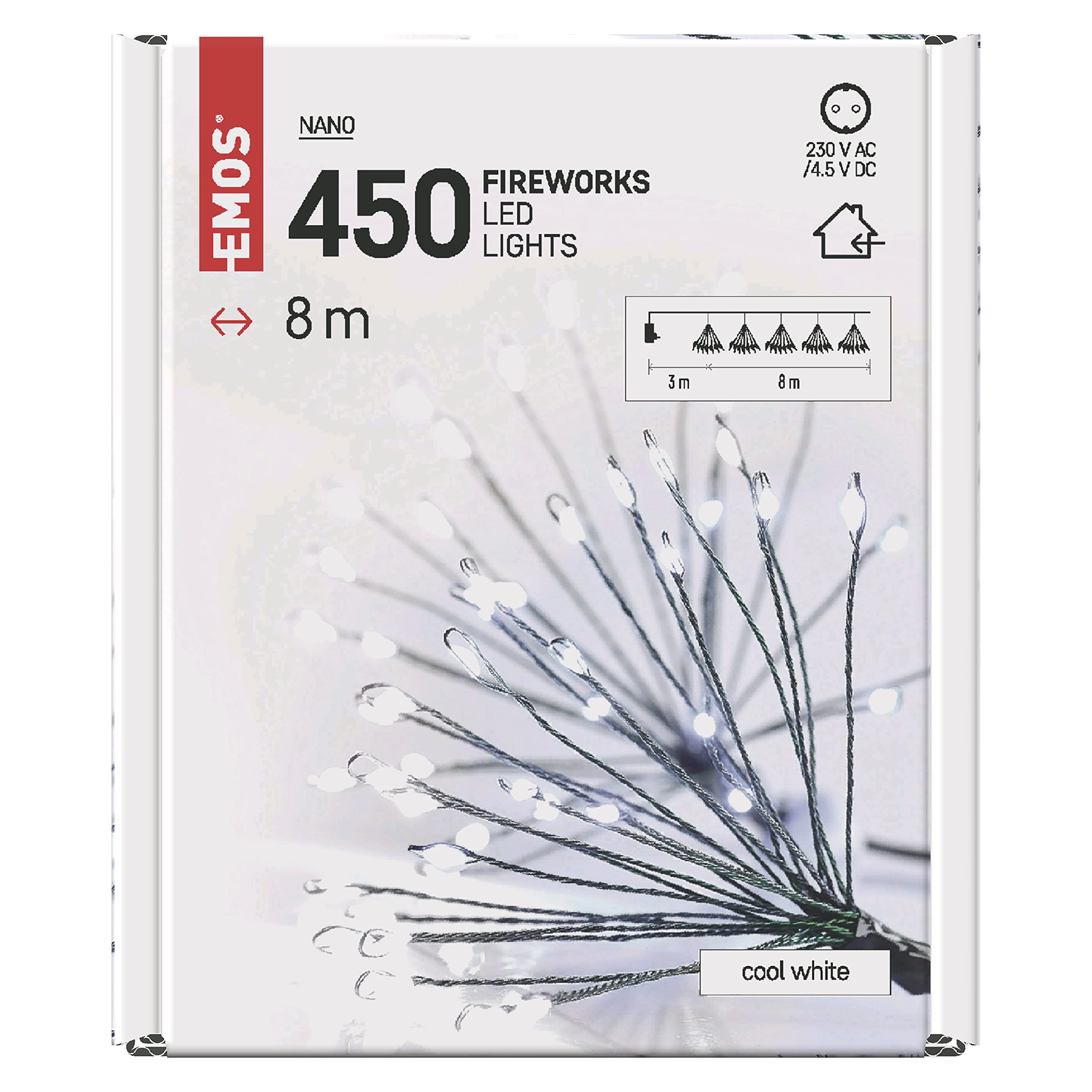 EMOS LED-Lichterkette kaltweiß für Innen, 8 m lange Feuerwerk Weihnachtslichterkette NANO, 6 Stunden Timer Funktion, Netzteil und Transformator, für Partys, Weihnachten, Deko