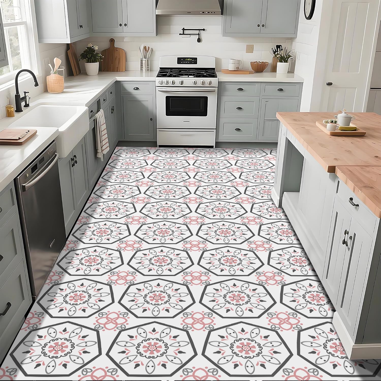 Modern Elegant Pink White Flower Peel and Stick Vinyl Floor Tiles 20-Pack 12 x 12 inch, Self Adhesive Waterproof Flooring Wood Planks for Kitchen, Dining Room, Bedrooms