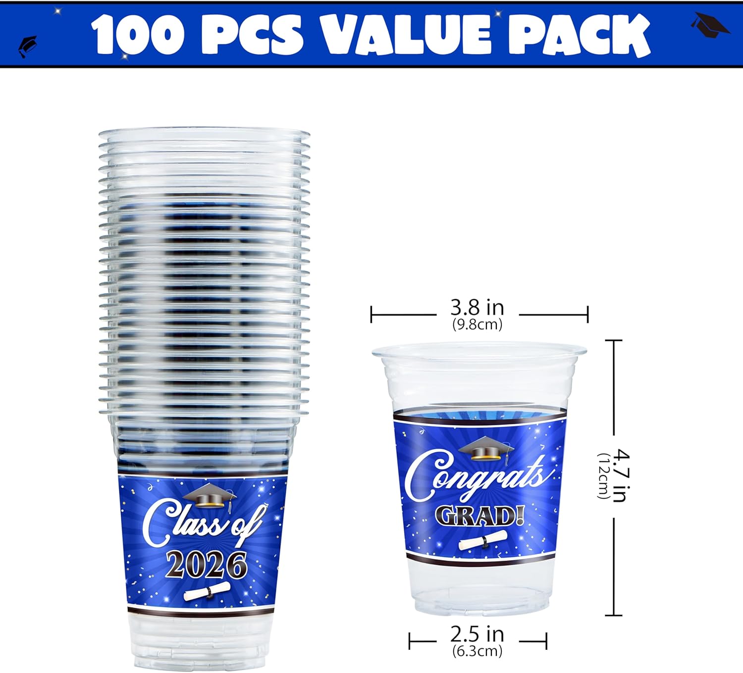 JOYIN 100 Pcs 16oz Graduation Party Plastic Cups (Blue), Grad Disposable Cups for Class of 2026 Graduates, PET Cup Tableware Bulk for 2026 High School College Graduation School Grad Party Supply Decor