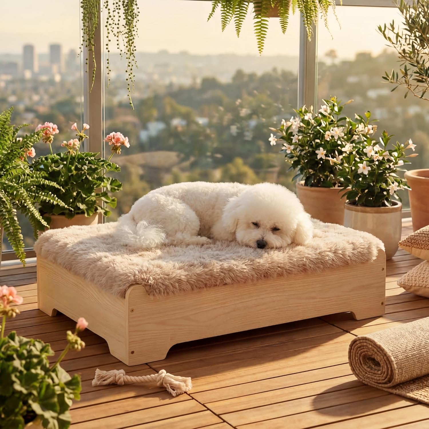 Elevated Dog Bed and Luxury Mattress with Removable Washable Cover, Egg Crate Foam, Wooden Frame, Suitable for Pet Up to 95 lbs, Naturalwood, XL