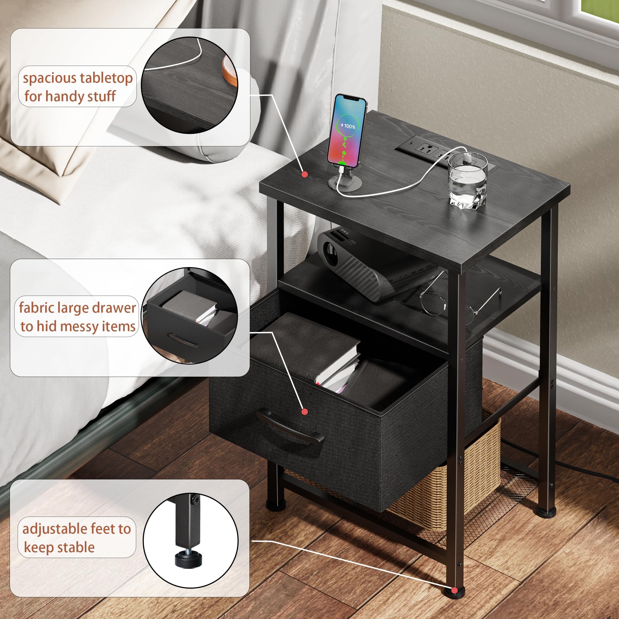 LAKEMID Nightstand with Charging Station and Drawer, End Table Bedside Table with 20 Colors LED Light Strip and 2 Layers Shelf for Bedroom Living Room Sofa Couch, Black