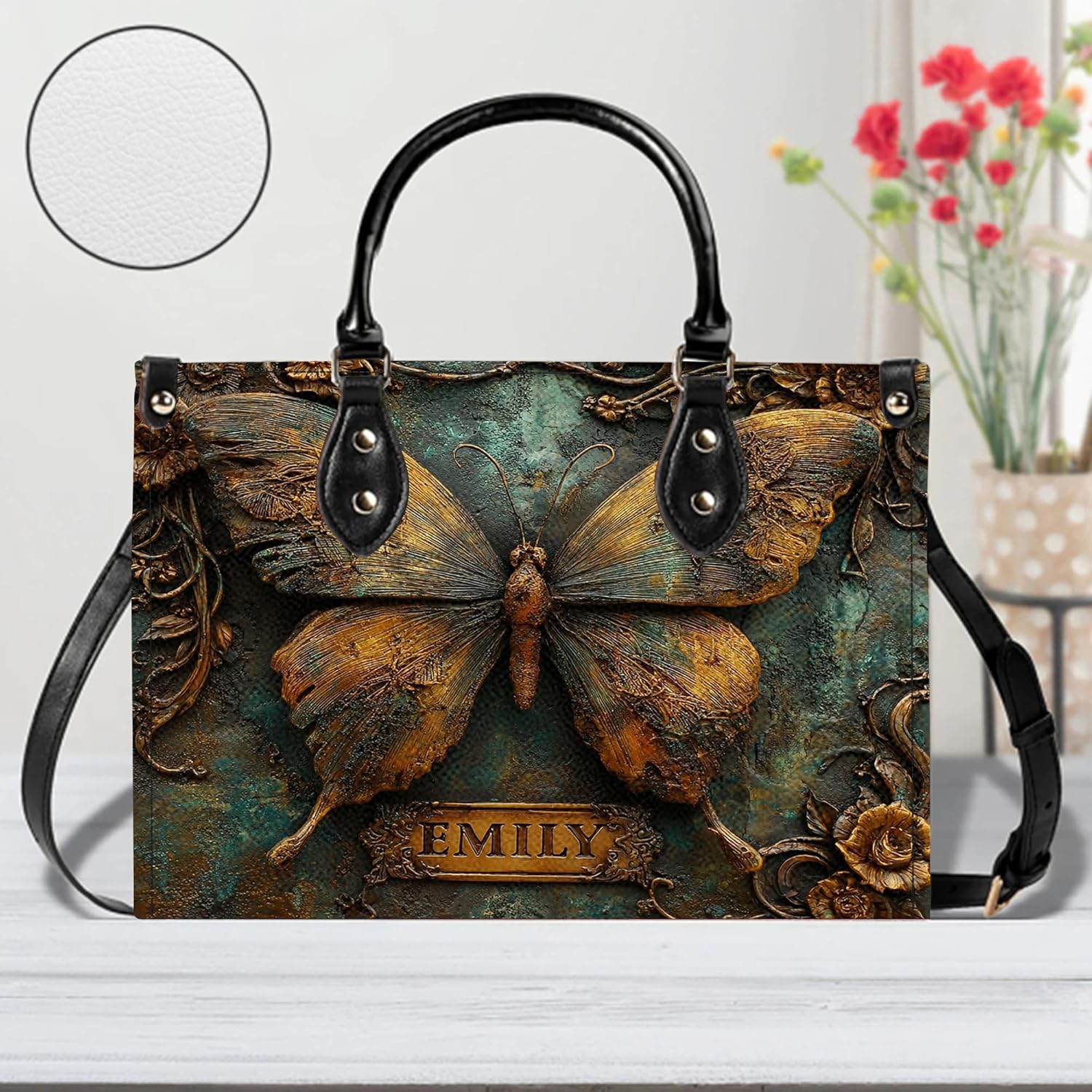 Personalized Butterfly Leather Handbag – Gothic Moon Bag with Adjustable Strap and Matching Witchcore Purse for Women - Image 3