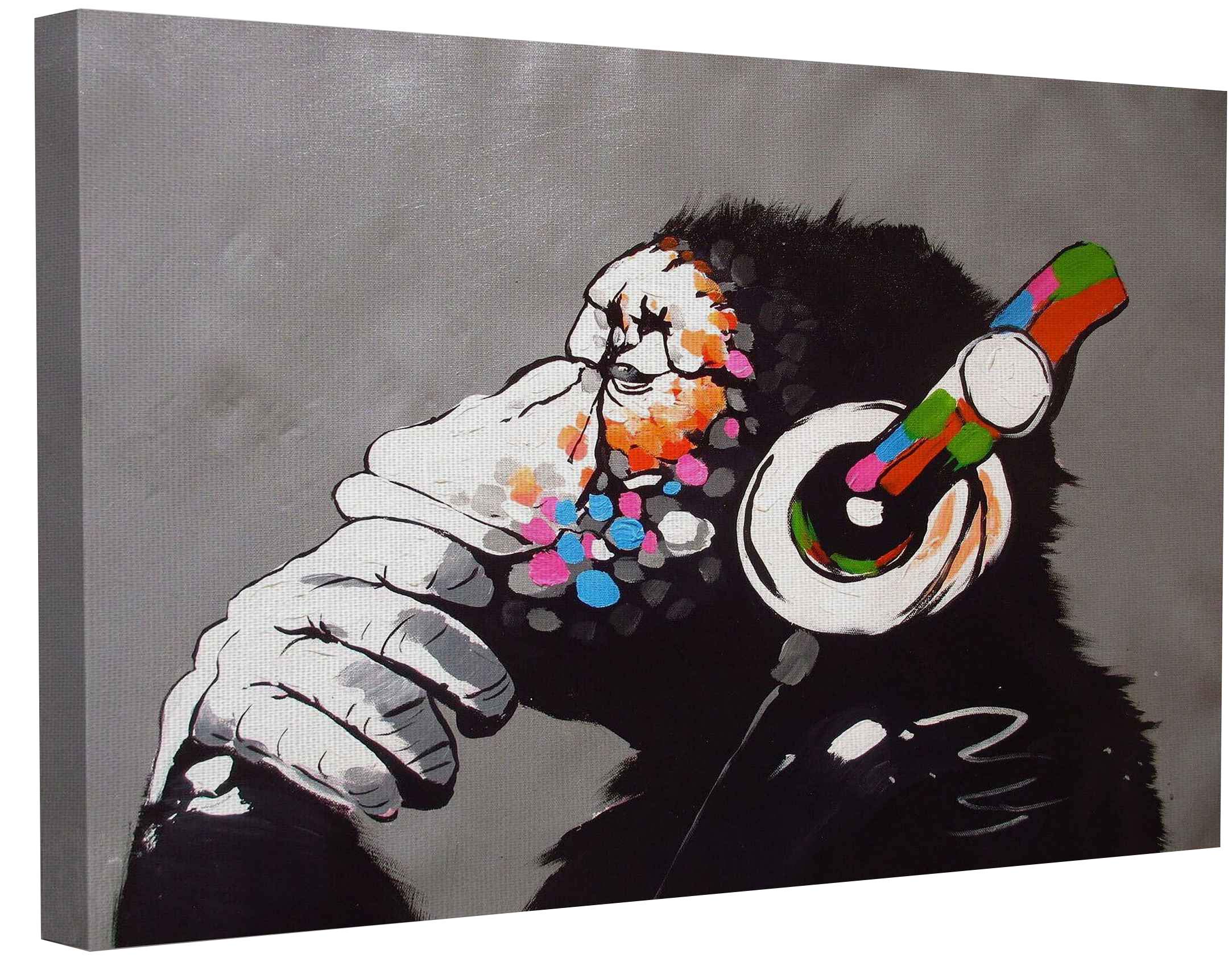 Mjedc Dj Monkey Banksy Canvas Wall Art Street Graffiti Art Canvas Prints For Living Room Bedroom Home Decorations Modern Stretched Framed Giclee Artwork 50X70cm(19.7X27.6inch)