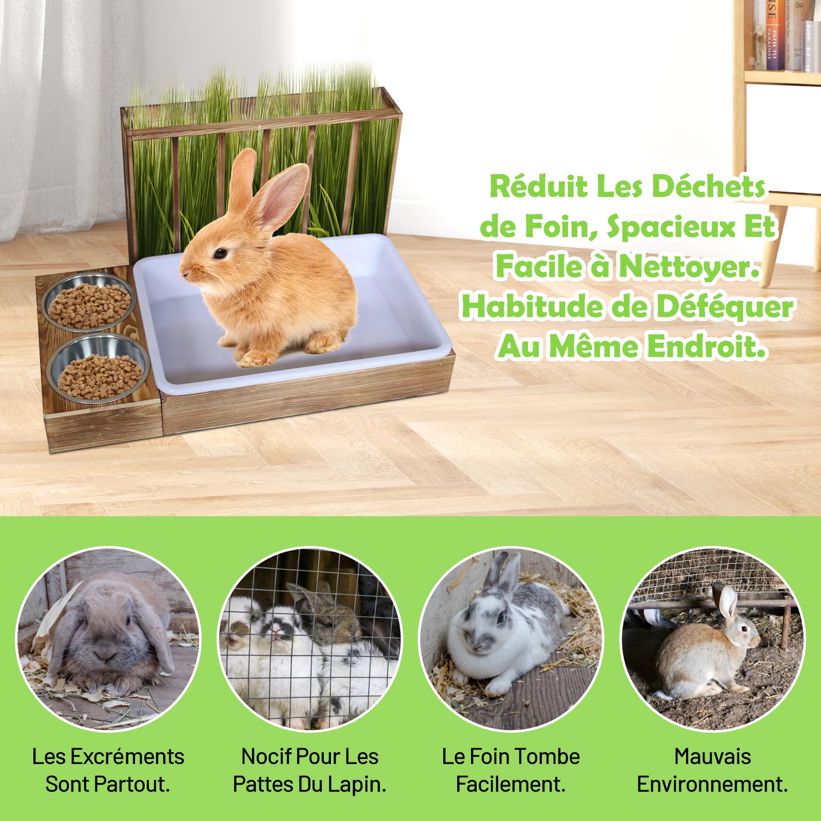 MagiDeal 4 en 1Mangeoire à Foin pour Lapins, Mangeoire en Bois pour Lapins avec Bac à Litière, Râtelier à Foin en Bois pour Petit Animal, Cochons D'in, Ratelier Foin Lapin Mangeoire