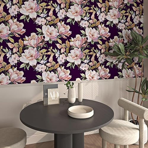 Miniatura 5 de FunStick Papel tapiz floral verde azulado oscuro de 17.5 x 354 pulgadas, para despegar y pegar, papel tapiz floral bohemio con rosas extraíbles,