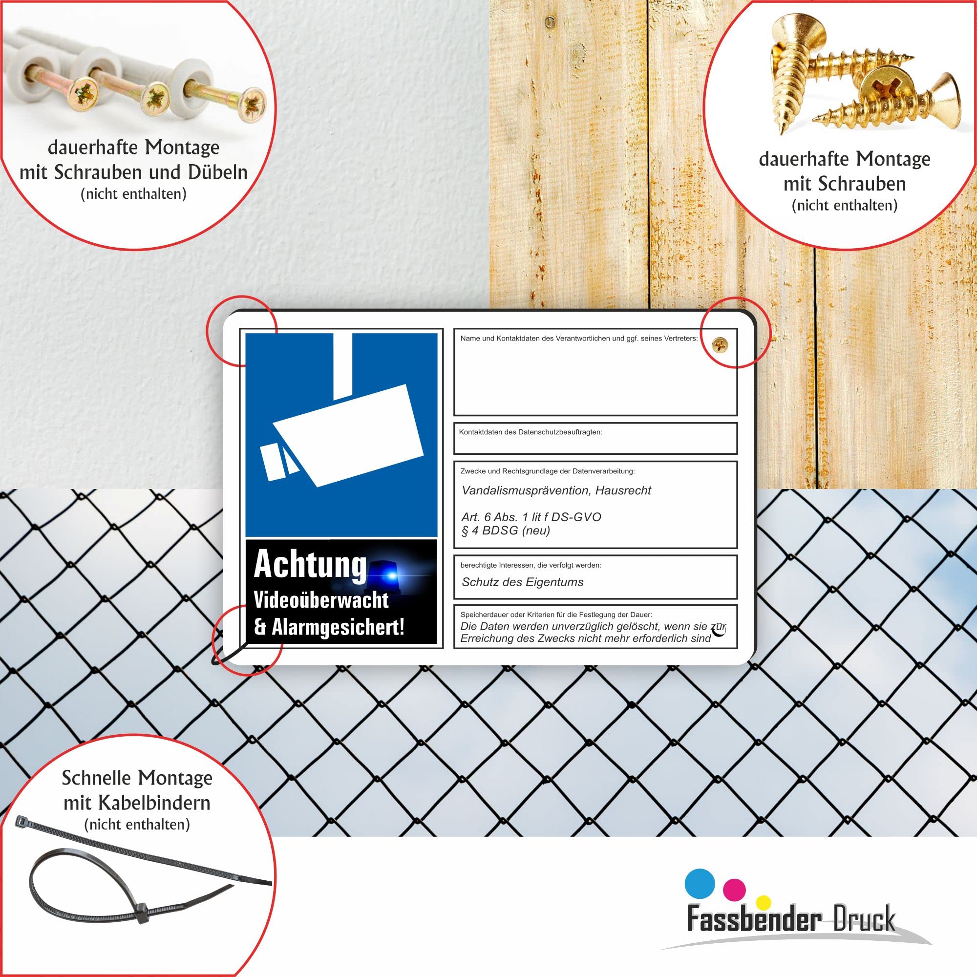VIDEOÜBERWACHT DSGVO (BDSG) konform vorgebohrtes Schild zum Markieren eines videoüberwachten Bereiches - Videoüberwachungsschild mit Bohrlöchern - (90x60cm SCHILD)