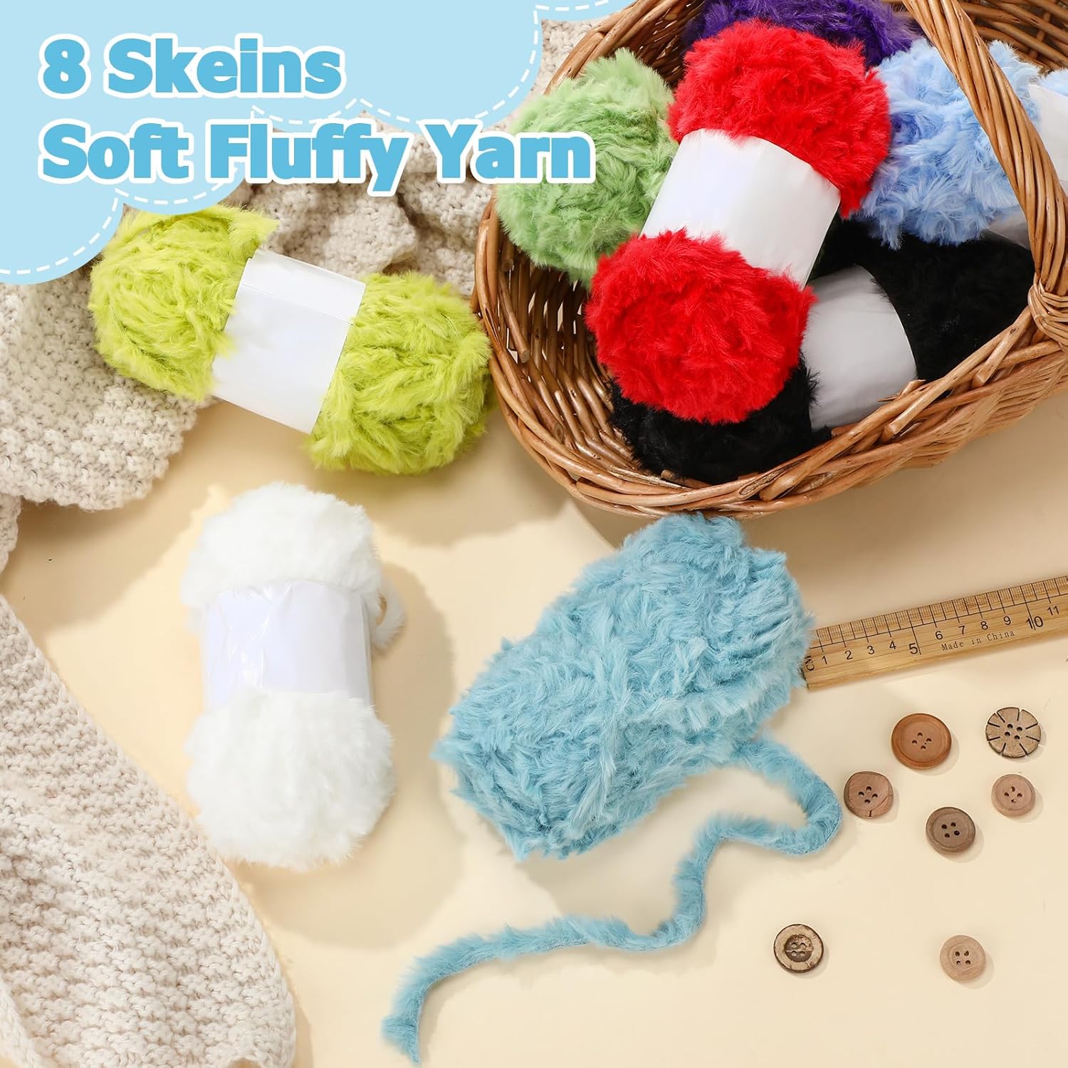Threlaco 8 Skeins Faux Fur Yarn Soft Chunky Fluffy Yarn for Winter Crochet Knit, Scarves and Sweaters Total Length 8 x 30m(Elegant Colors)