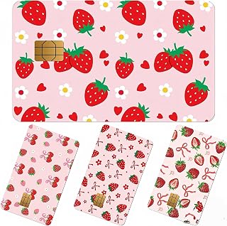 4Pcs Credit Card Skin, Credit Card Stickers for Girl, Pink Strawberry Design for Gift,Cute Waterproof Skins Cover for Bank, EBT, Key, Transportation