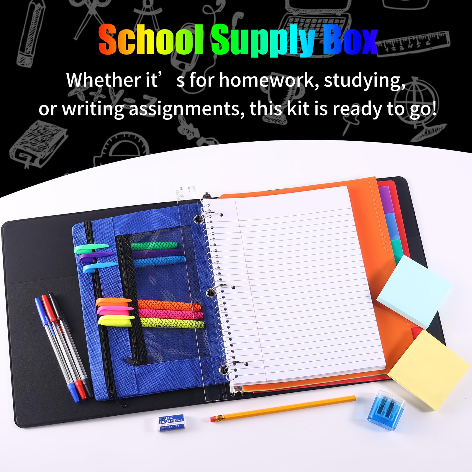 Kit de 85 fournitures de rentrée scolaire pour élèves du secondaire, de l'université, boîte de fournitures scolaires, outils d'apprentissage essentiels pour les étudiants