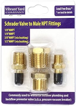 Schrader Valve to Male NPT Fittings | Adapters to Winterize Backflow Preventer and Pressure Vacuum Breaker PVB for Sprinkler Systems| Blowout Method Using Air Compressor Lead-Free Brass