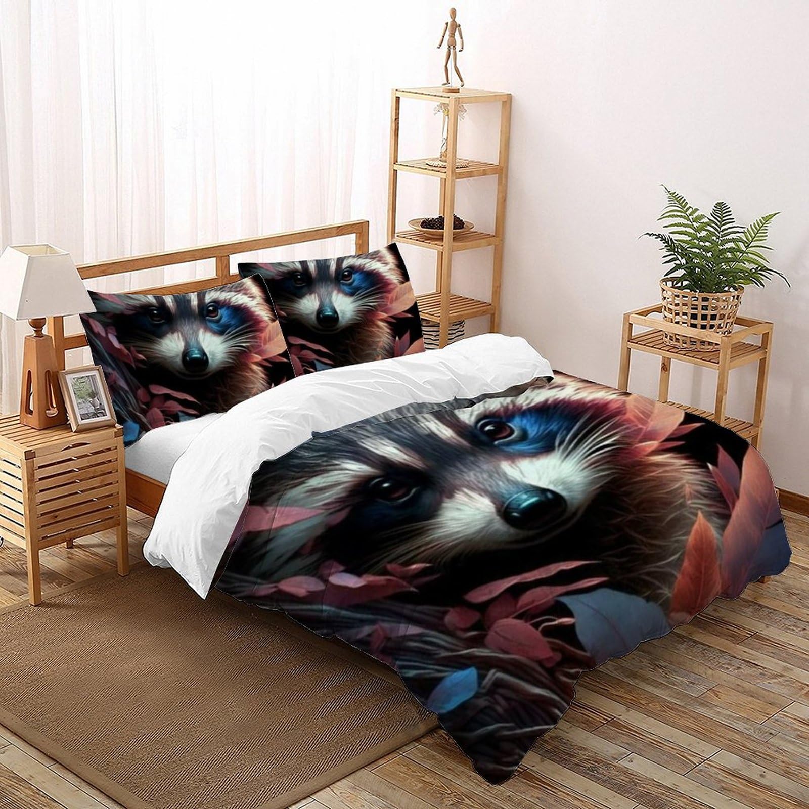 Housse de couette double 200x200cm raton laveur en microfibre imprimé 3D avec taies