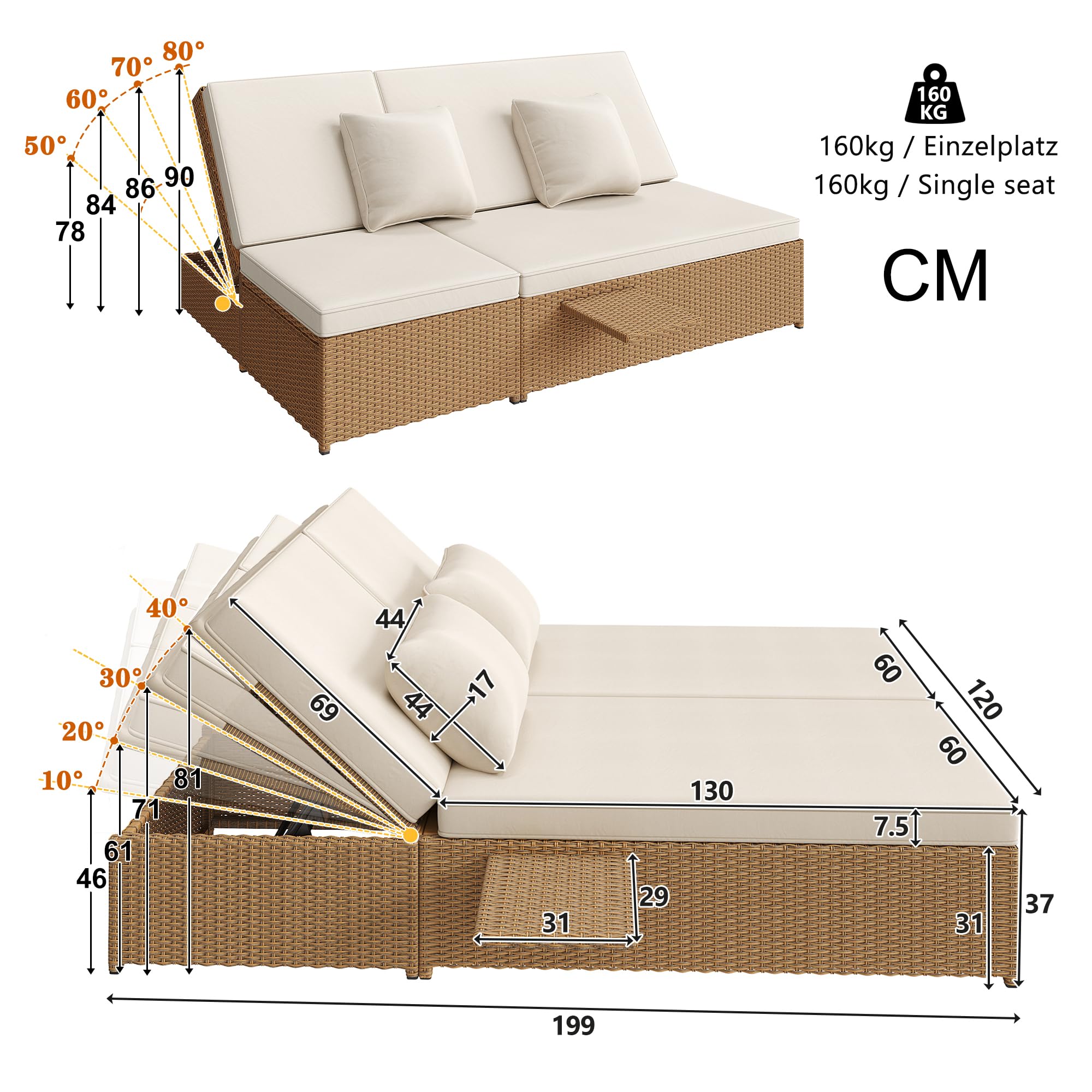 Sdraio da giardino per esterni, letto matrimoniale, in rattan, che può essere utilizzato come mobili da giardino all'aperto, adatto per lounge, balconi e giardini, resistente alle intemperie