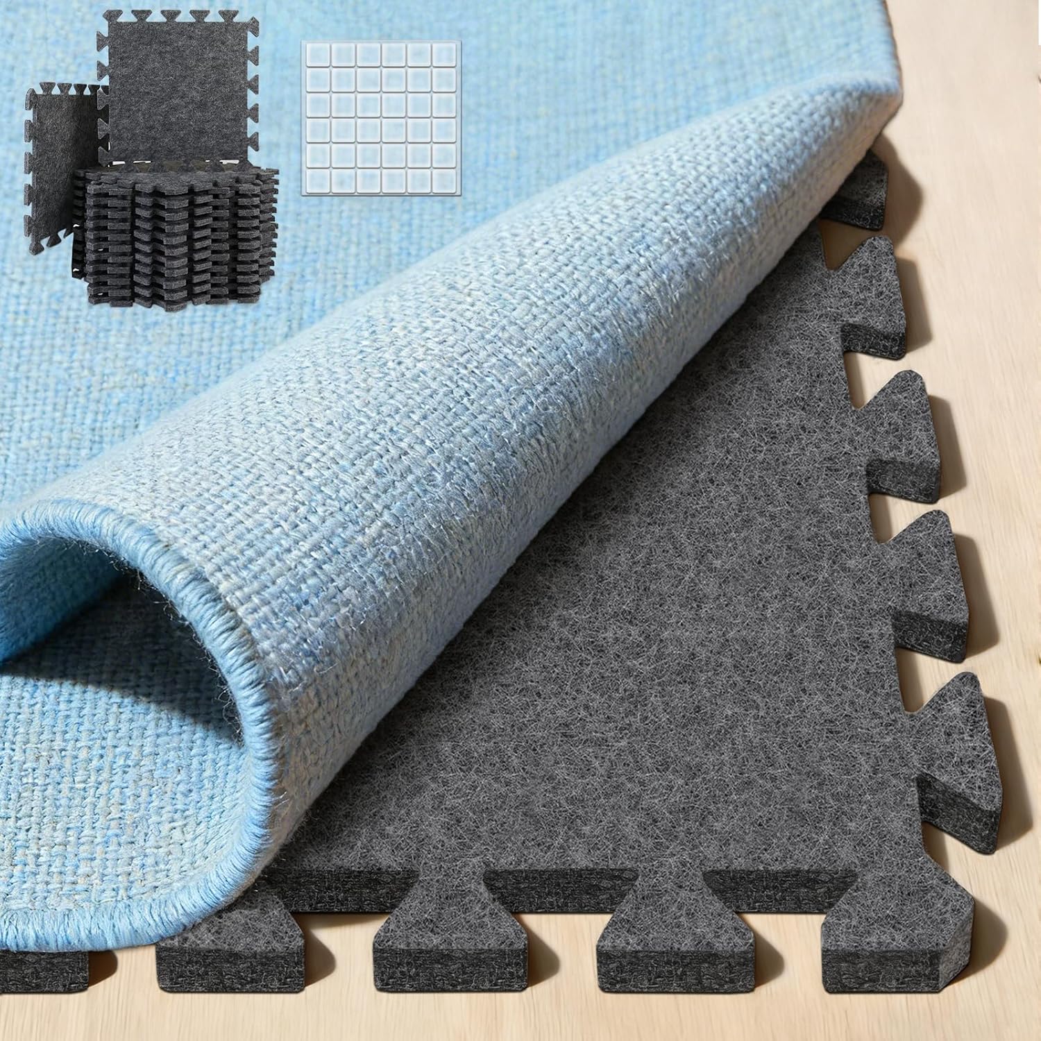 BXI Soundproof Interlocking Rug Pad 24 Pcs, 11x 11 x 0.32 inches Non Slip Rug Pads, High Density Noise Reduction Puzzle Felt Carpet Padding, Rug Mat Protects and Adds Cushion for Hardwood Floor