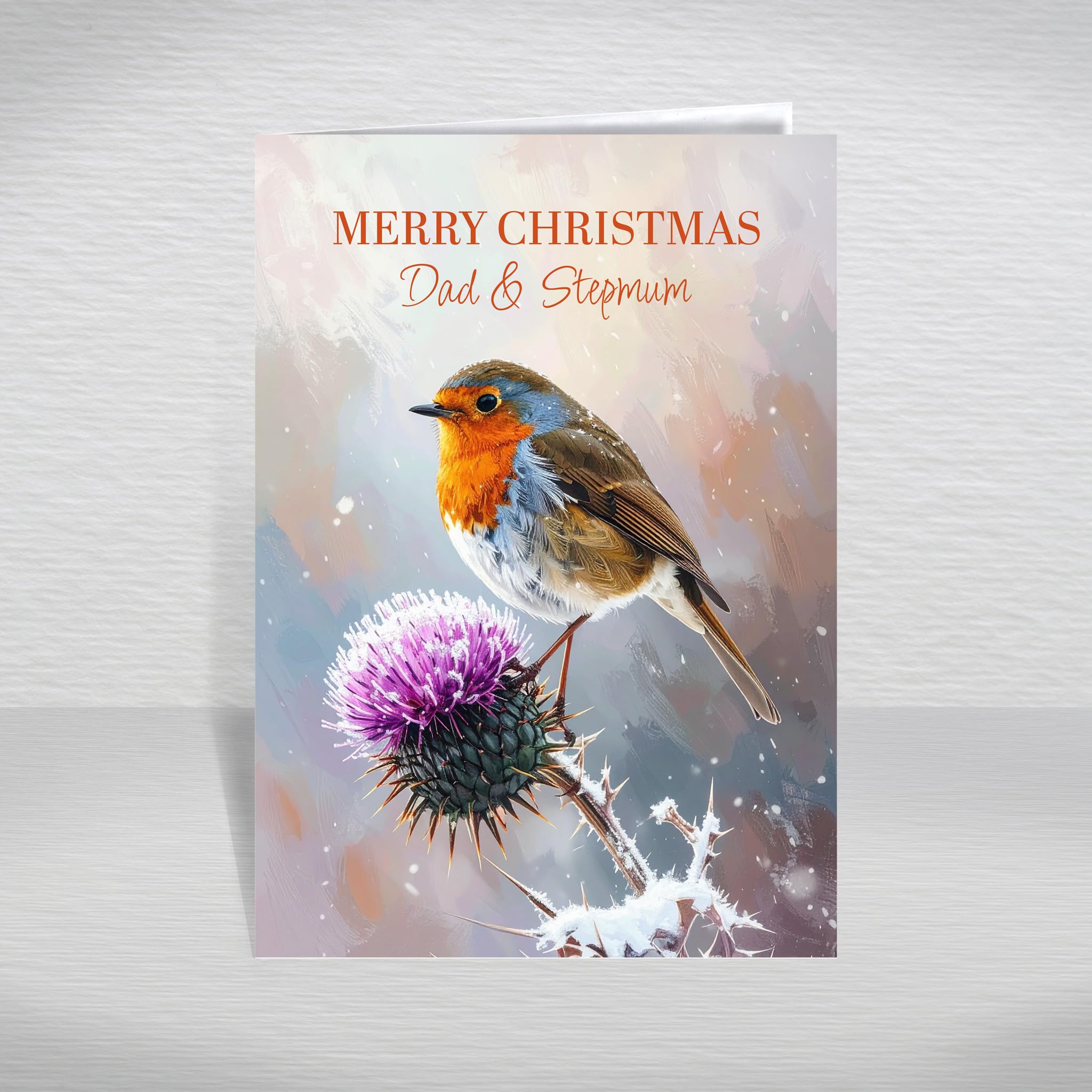Christmas Card for Dad and Stepmum, Father, Stepmother – Peaceful Robin & Scottish Thistle Winter Design, A5 Deluxe Card with a Special Verse Inside: Dad and Stepmum Christmas Card