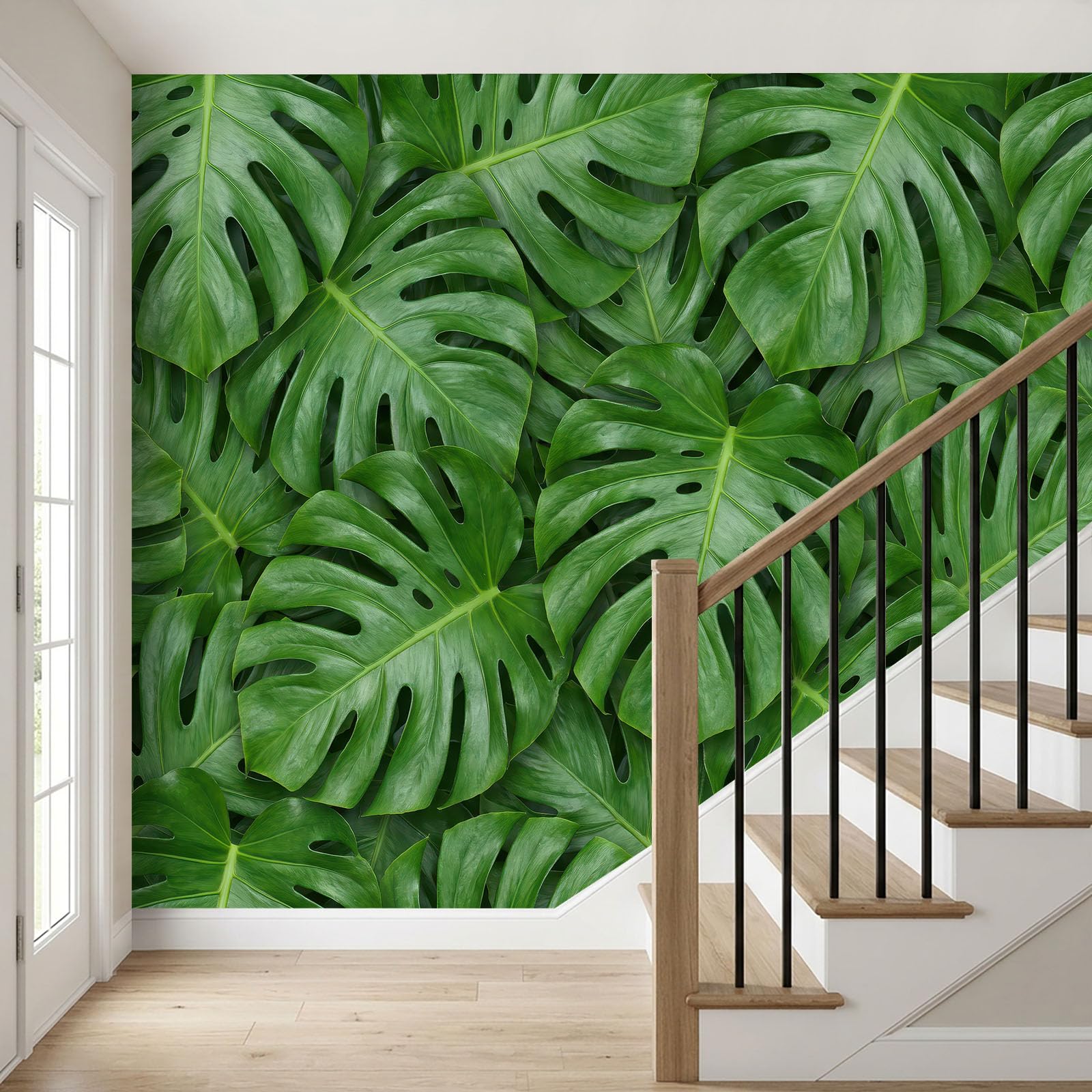 Panoramiczna tapeta 3D gęsty las tropikalny plakat z liśćmi Monstera, 250 x 175 cm (dł. x wys.) Tapeta ścienna z włókniny do salonu dziecięcego dekoracja sofy TV, zielona