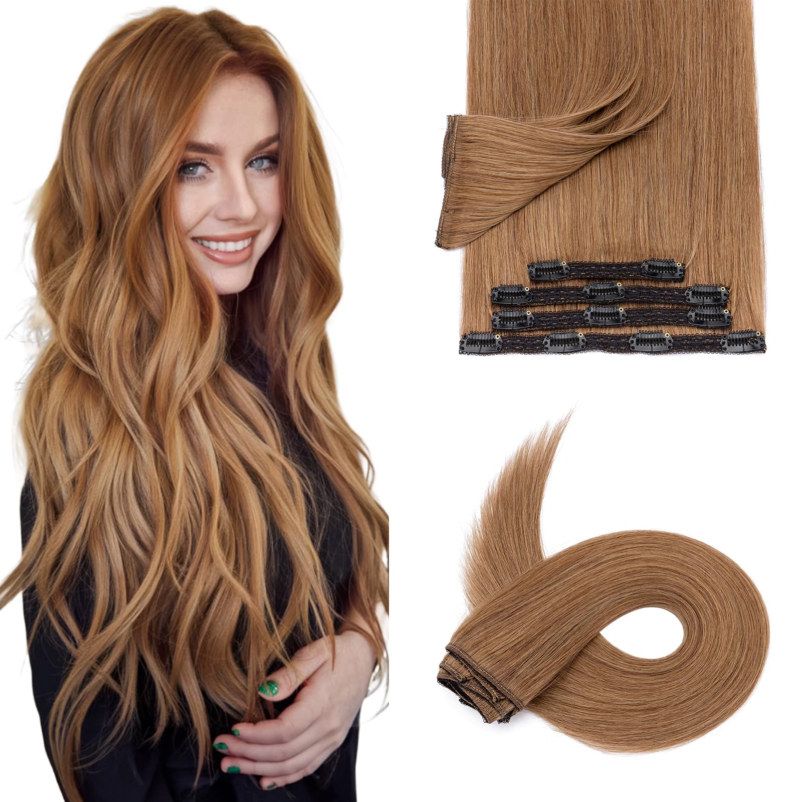 Silk-co Clip in Hair Extensions Real Human Hair Remy Double Weft With Lace Coverd Clip in Silky Straight Natural Thick Hair Seamless 7pcs 16Clips 85g Extension for Women 10Inch #06 Light Brown