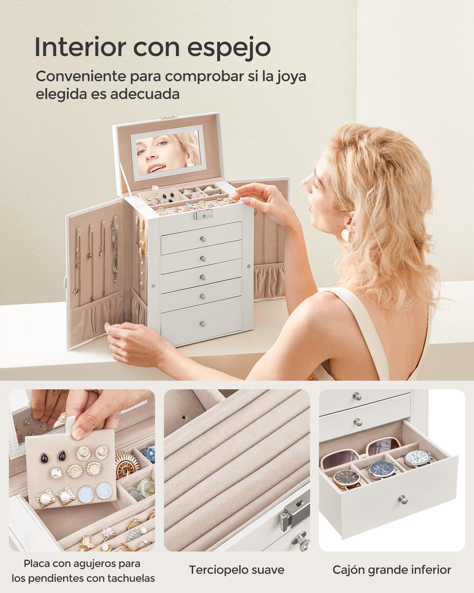 SONGMICS Caja Joyero de 6 Niveles, 5 Cajones, con Espejo y Cerradura, Blanco JBC152W01