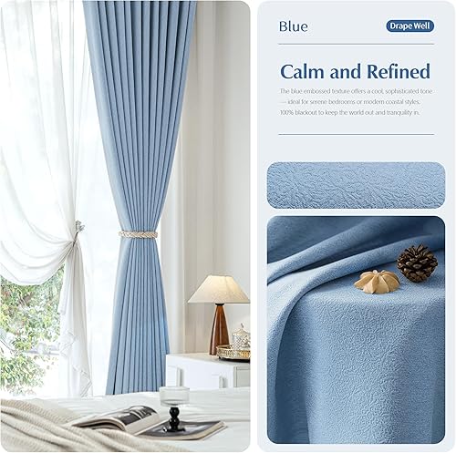 Miniatura 5 de FMFUNCTEX Cortinas florales 100% opacas para dormitorio, cortinas texturizadas en relieve azul de 63 pulgadas de largo para sala de estar, cortina