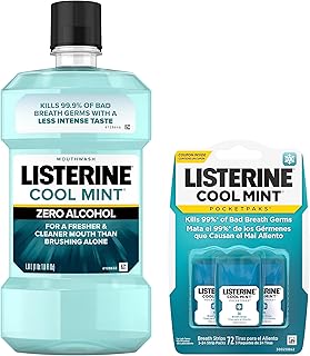Listerine Cool Mint Zero Alcohol Mouthwash & Cool Mint PocketPaks Portable Breath Strips, Kill 99% of Bad Breath Germs* at Home or On-The-Go, Convenience Pack, 1 L x 3 24-Packs