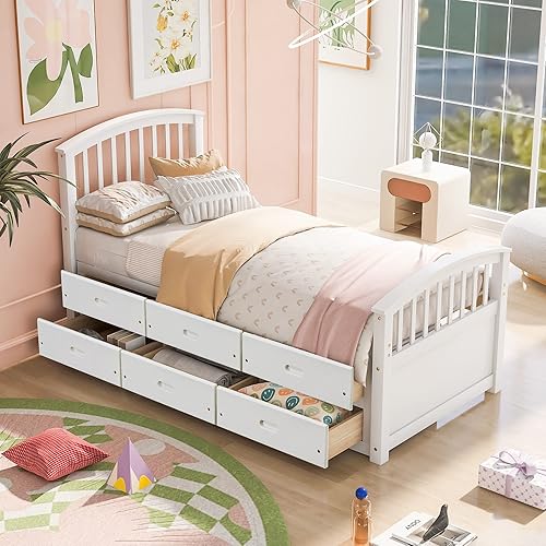 Harper  Bright Designs Cama individual capitán con almacenamiento marco de cama individual de madera maciza con 6 cajones sofá cama individual con