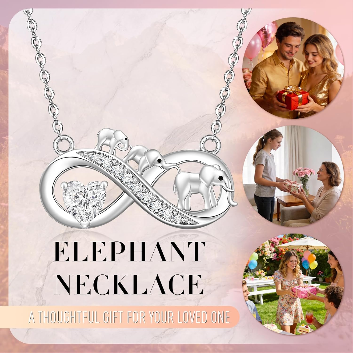 Fenthring Elephant Necklace for Women Sterling Silver Mothers Day Infinity Mama Pandant for Mom Heart with Birthstones Gifts