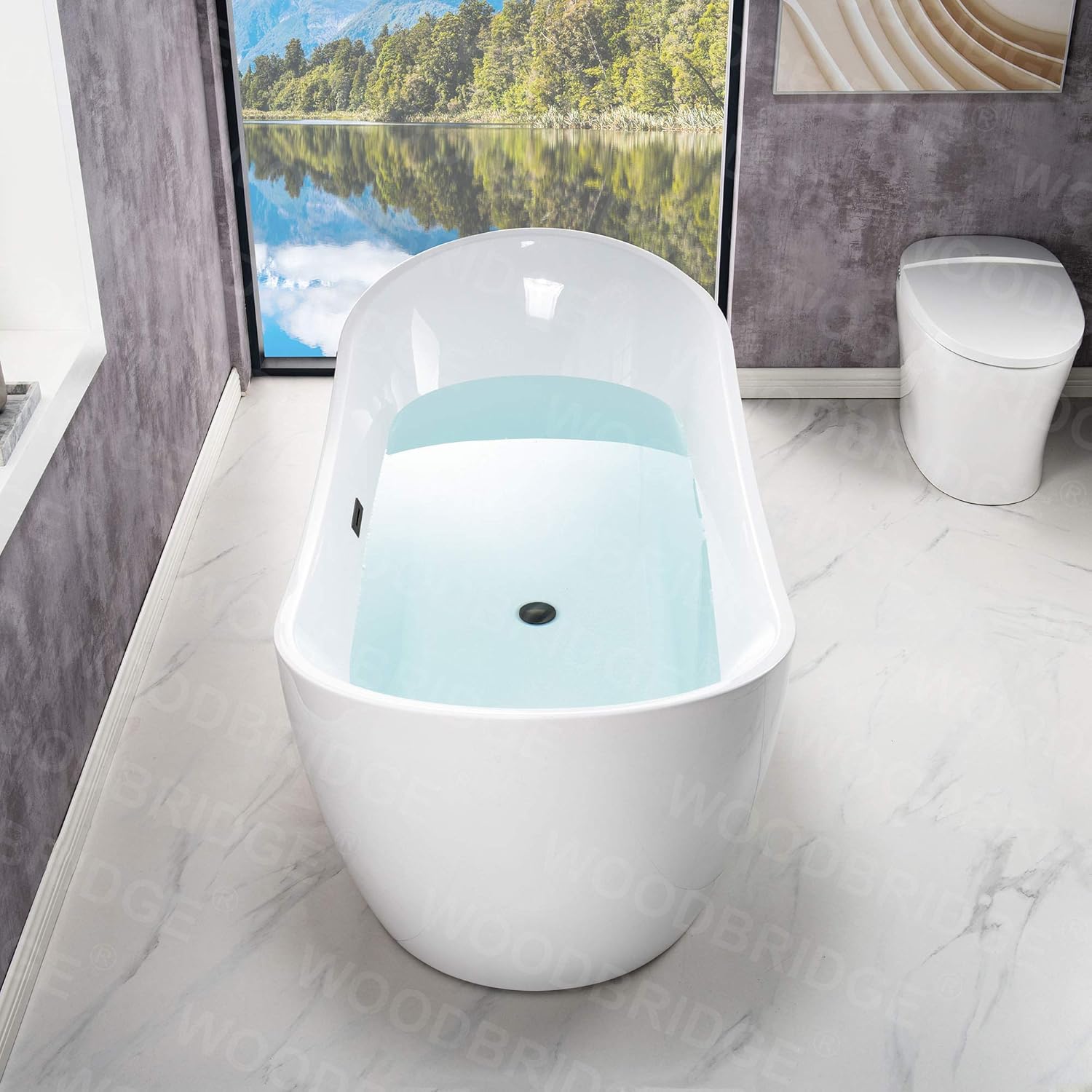 WOODBRIDGE 71" Acrylic Freestanding Bathtub Contemporary Soaking Tub, White Acrylic (Matte Black Drain/Overflow),B0017 MB Drain &O - Image 12
