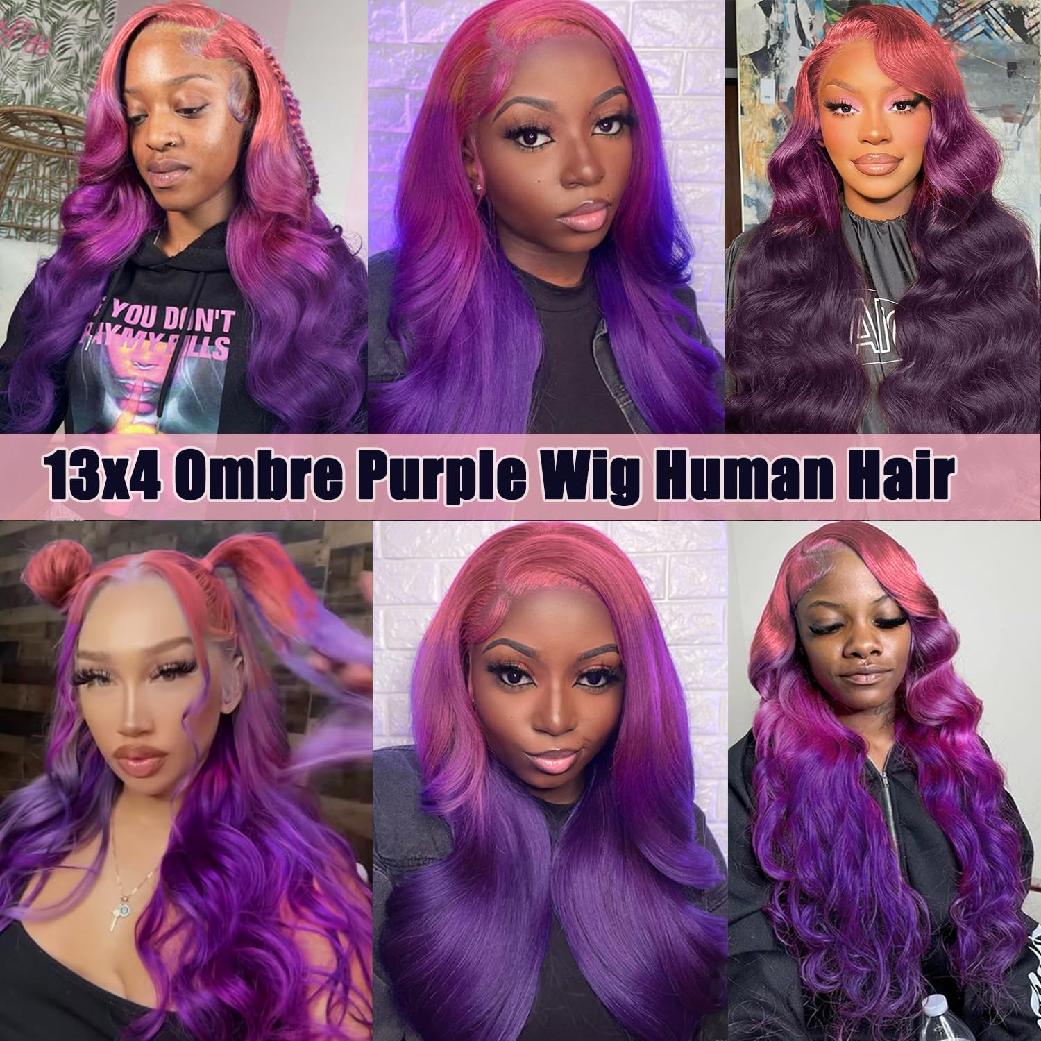 Purple Ombre 13x4 HD Lace Front Wig Human Hair Body Wave 3 Tone Pink to Purple Glueless Wigs Dark Pink Root Rainbow Colored Lace Frontal Wig 180% Density 20 Inch