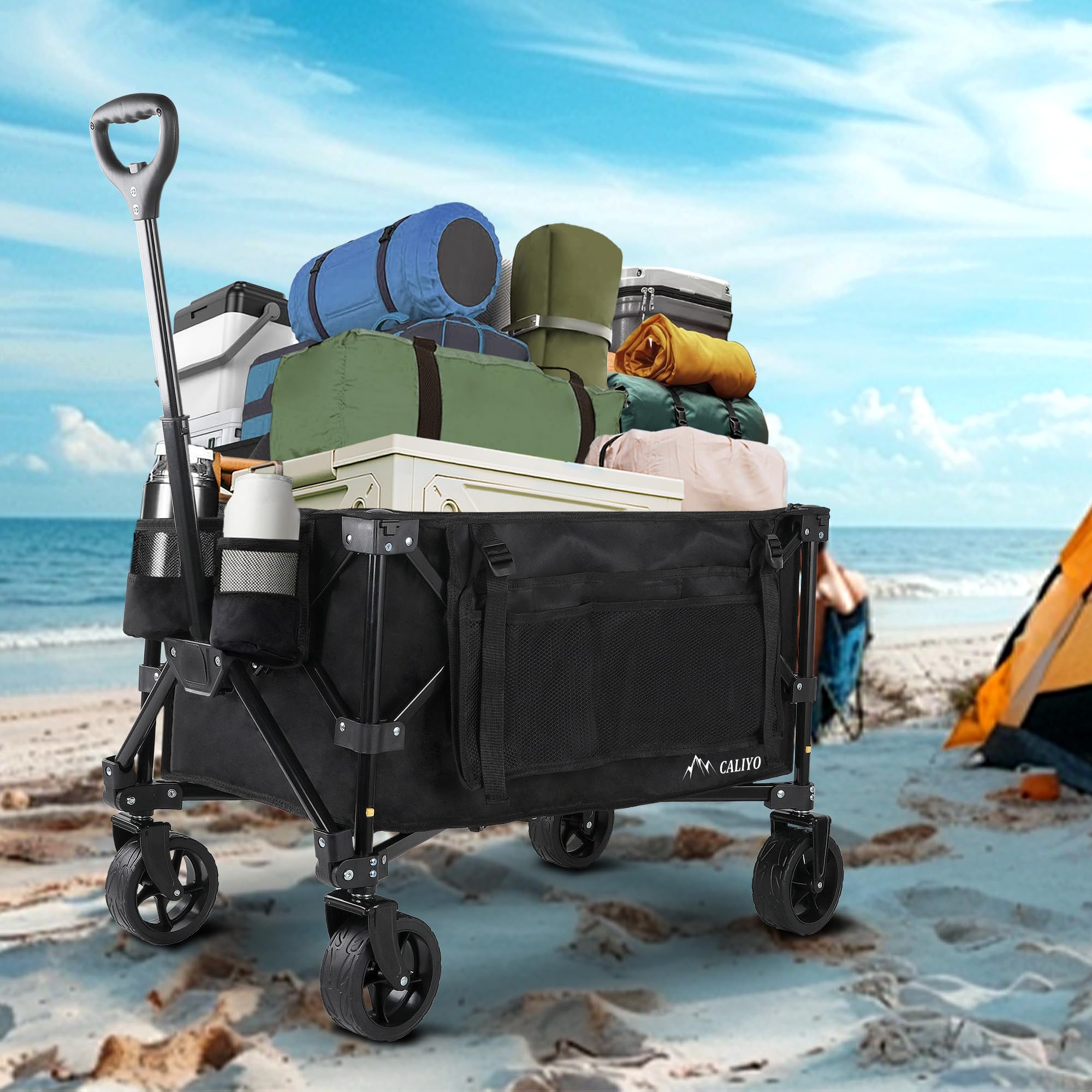 CALIYO Bollerwagen Faltbar 100L 100KG belastbar, Faltbarer Bollerwagen mit verstellbarem Griff, Handwagen Luftreifen für alle Gelände Camping Einkaufen Faltbollerwagen Schwarz