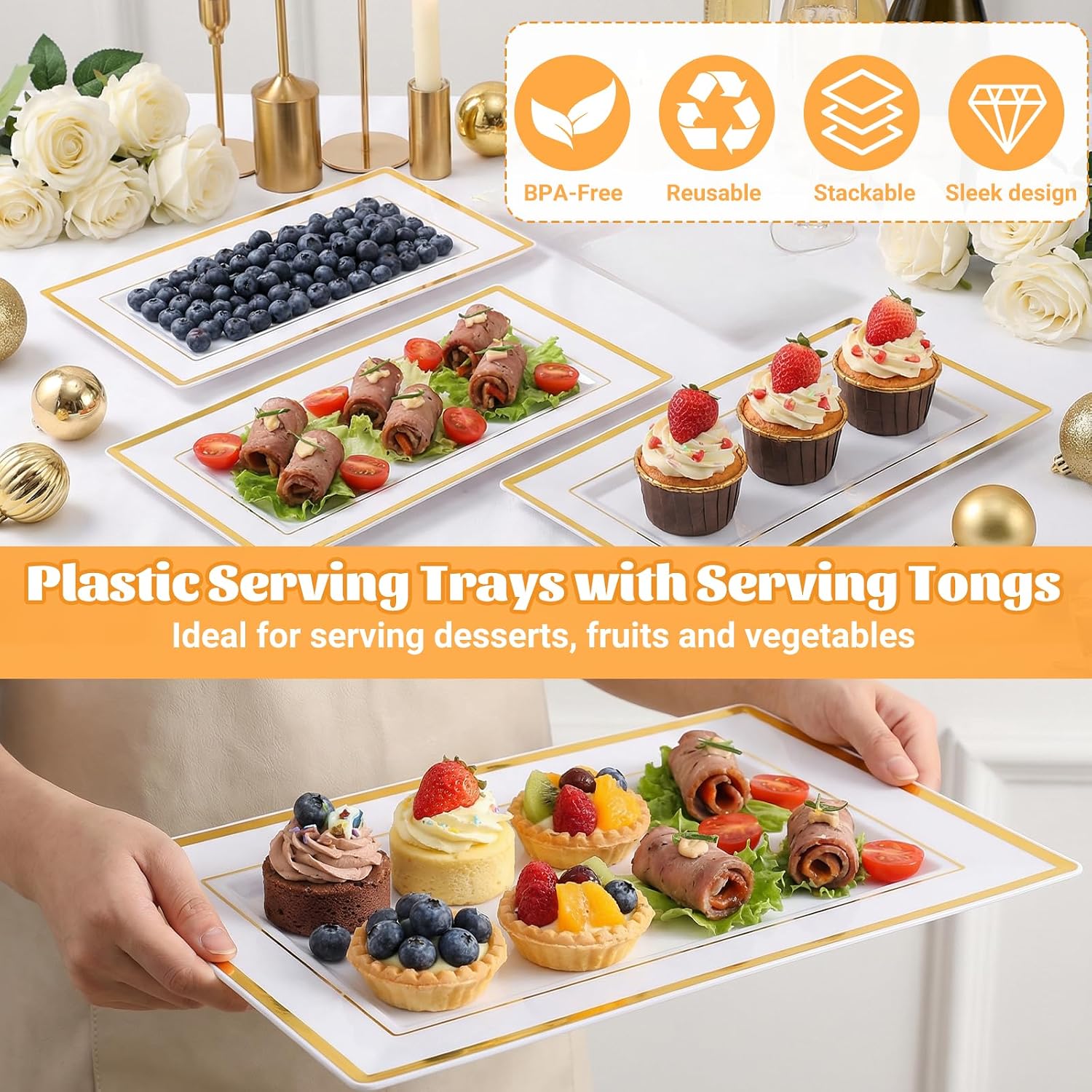 10 Pack White & Gold Plastic Serving Trays with 10 Stainless Steel Tongs - Elegant Disposable Platters for Parties, Weddings, Desserts