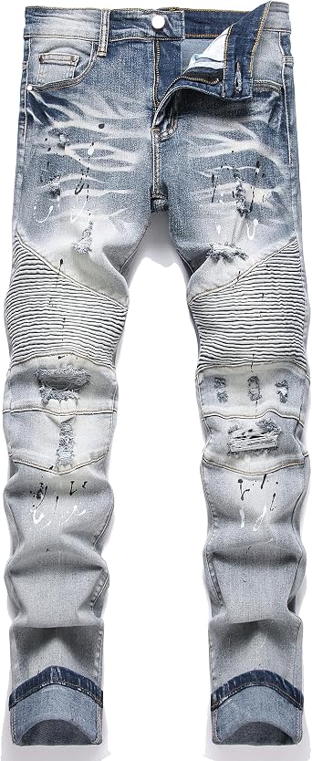 QIMYUM Mens Slim Fit Jeans Ripped Skinny Jeans for Men, Fashion Biker Jeans Stretch Moto Cargo Denim Pants