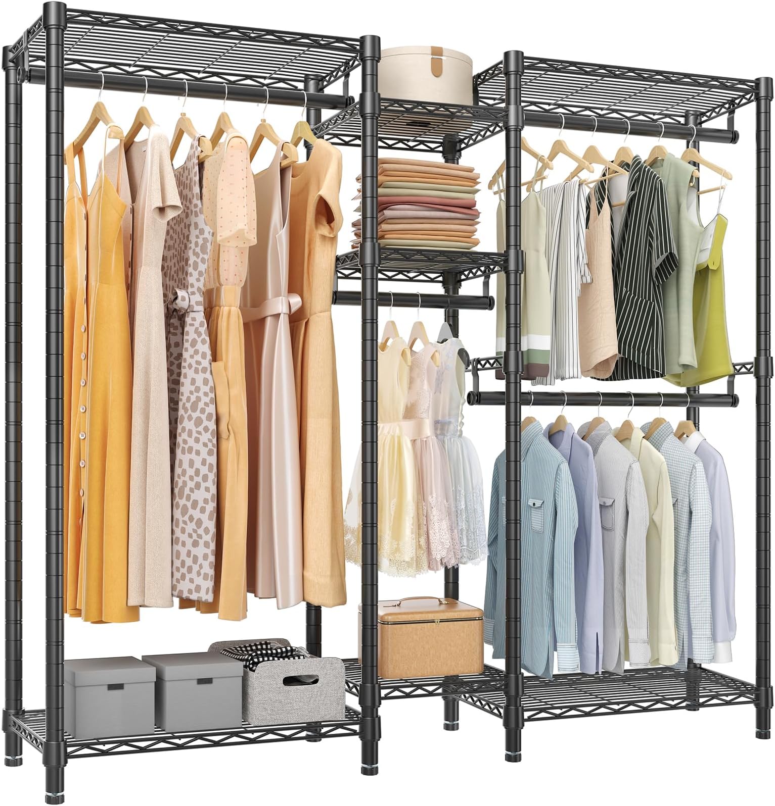 VIPEK Classic V6 Medium Heavy Duty Clothes Rack, 7-Tier Garment Rack with Adjustable Shelves, Portable Closet with 4 Hanging Rods, Space-Saving, 750lbs Capacity, 59.8" L x 14.6" W x 76.4" H, Black