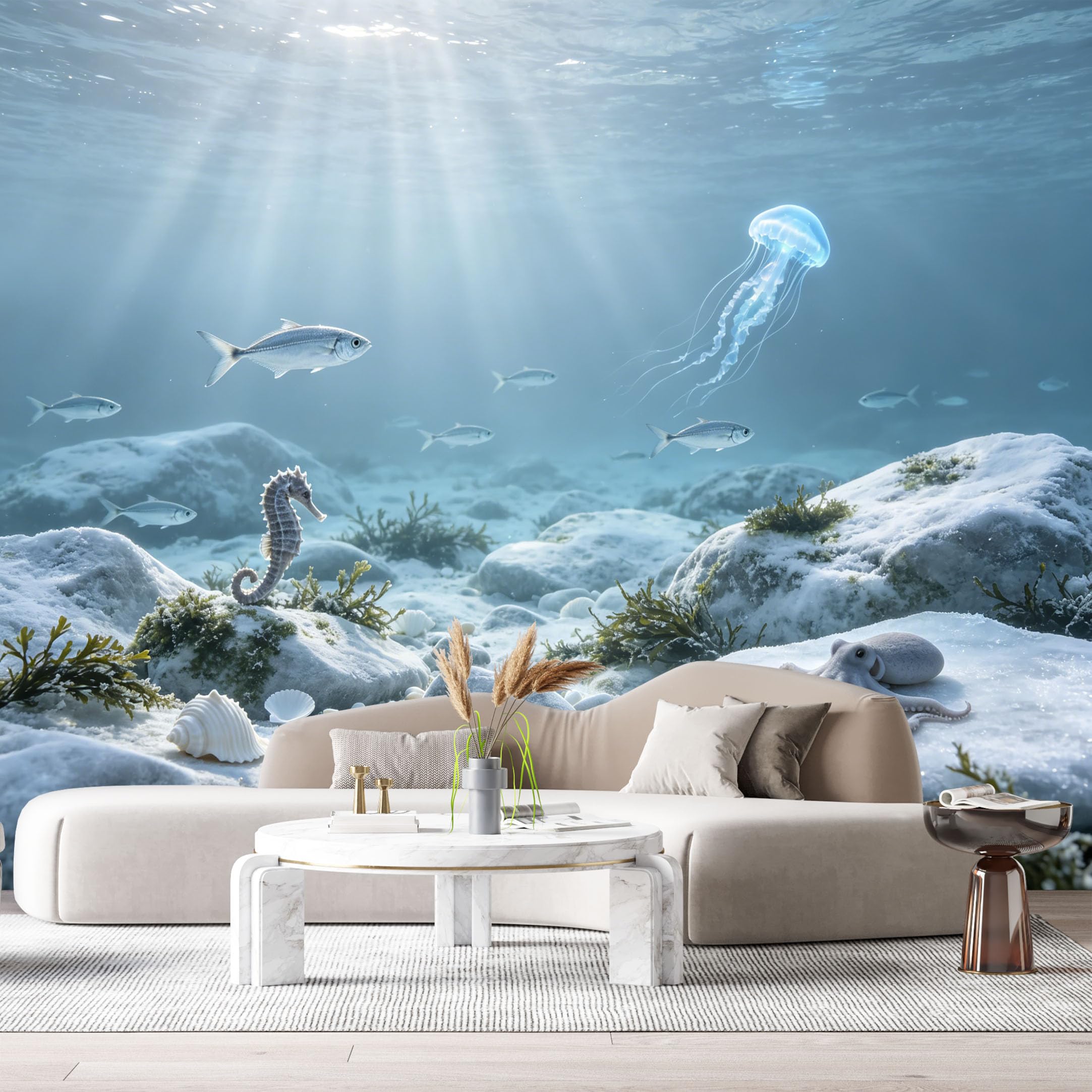 Custom Size Wall Murals Underwater Ocean Marine Jellyfish Octopus Seahorse 3D Trompe L'Oeil SelfAdhesiveWall Fabric Removable Wallpaper Wall Decor for Living Room Bedroom Bathroom