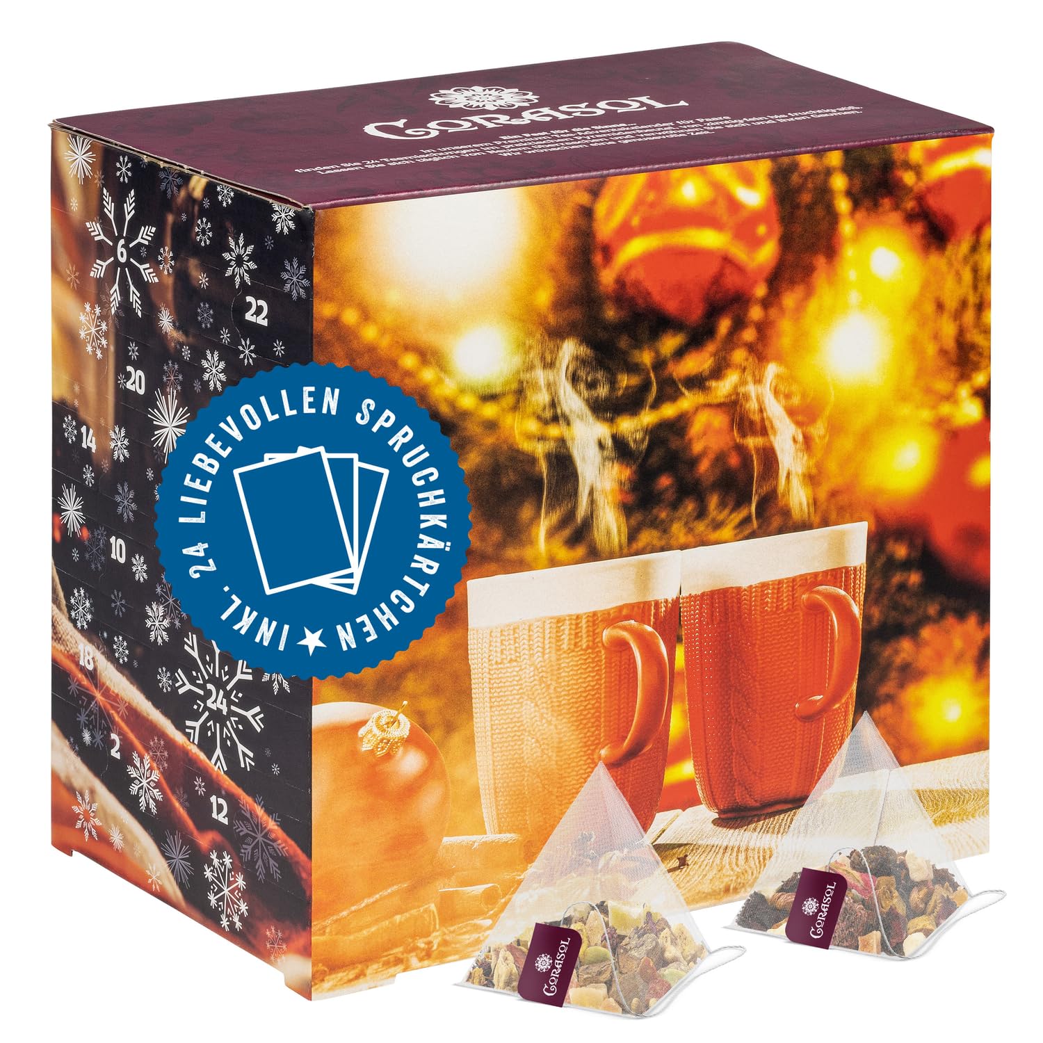 Corasol Tee Adventskalender 2025 für Zwei Paare & Pärchen mit liebevollen Spruchkärtchen & 2 x 24 fruchtigen Teemischungen im Pyramidenbeutel