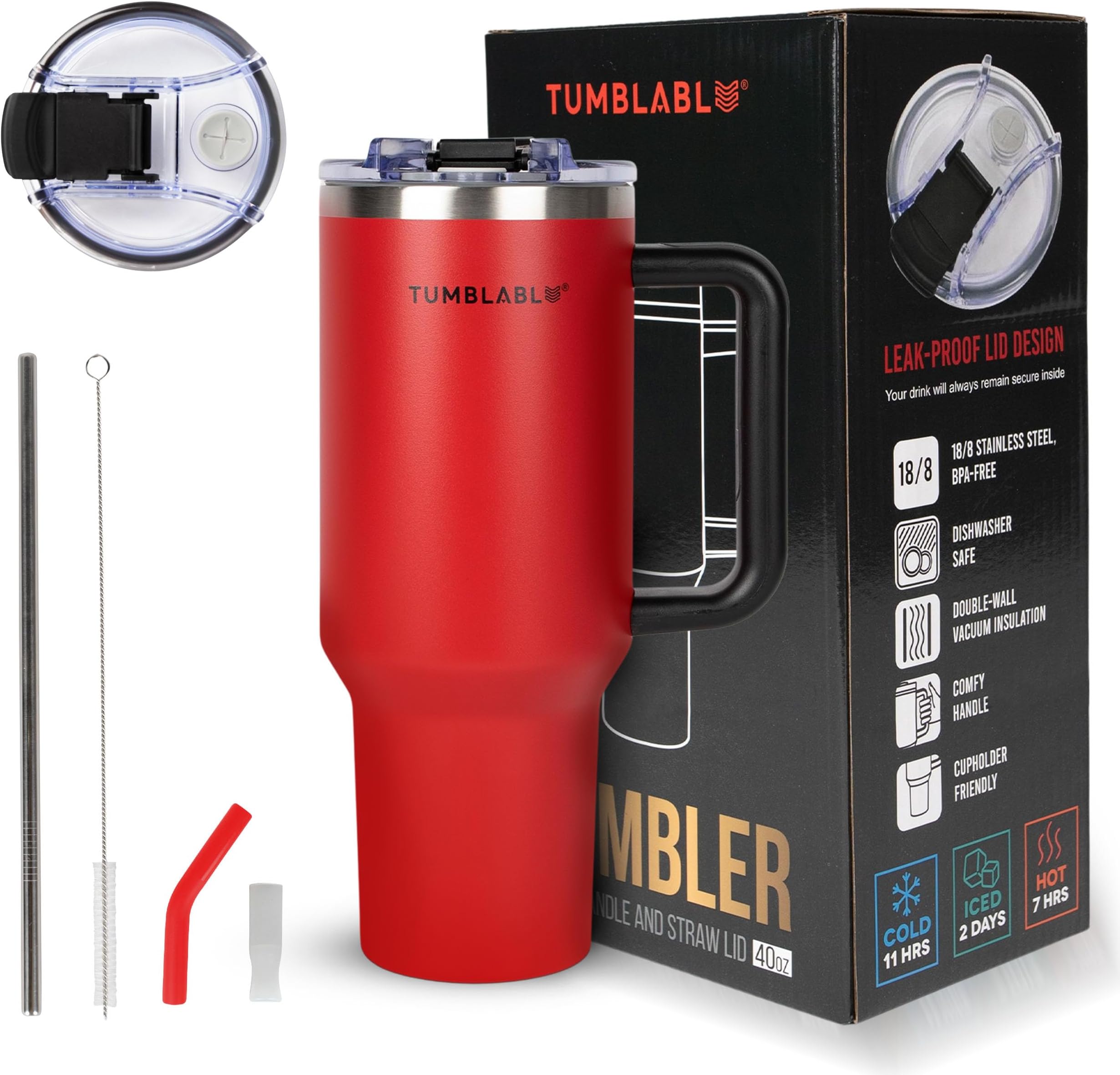 TUMBLABLE 40 oz Tumbler with Handle and Straw - Leakproof Tumbler with Lid and Straw - Stainless Steel Straw with Two Silicone Rubbers for Sipping - Insulated Tumblers with Lockable Lid - Snapper Red