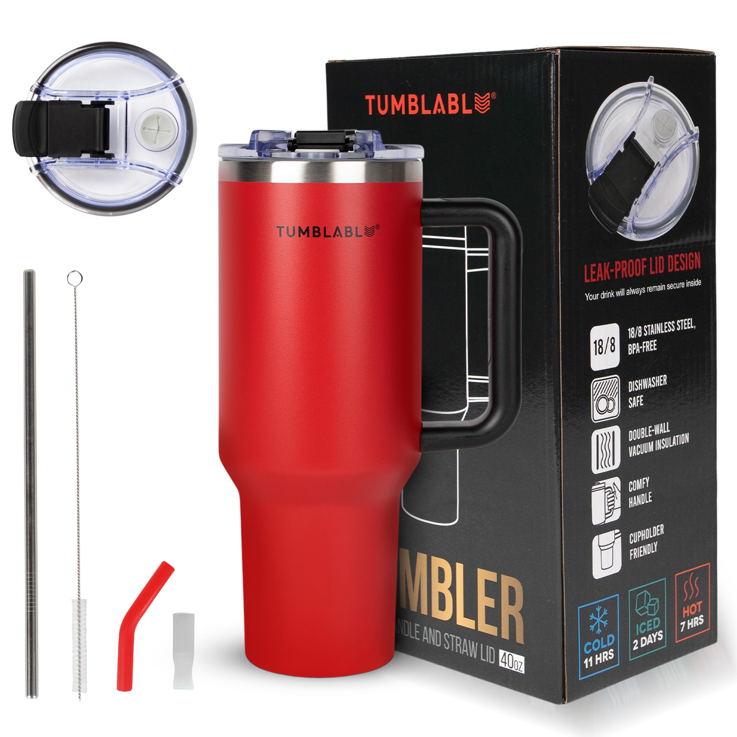 TUMBLABLE 40 oz Tumbler with Handle and Straw - Leakproof Tumbler with Lid and Straw - Stainless Steel Straw with Two Silicone Rubbers for Sipping - Insulated Tumblers with Lockable Lid - Snapper Red