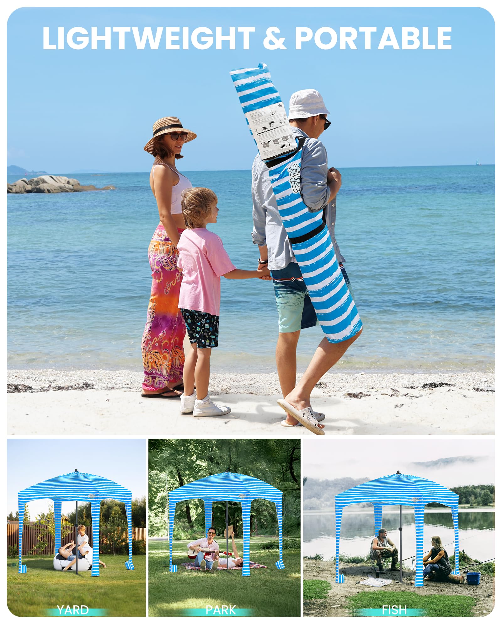 Qipi Beach Cabana - łatwy w montażu baldachim, wodoodporny, przenośny schron plażowy 15 cm x 15 cm, w zestawie ściana boczna, klosz z ochroną UV UPF 50+, najlepszy parasol przeciwsłoneczny - dla