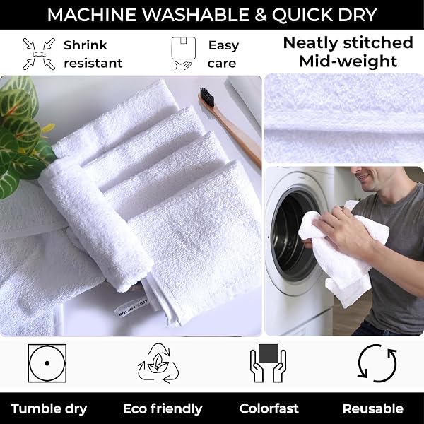 White 100% Cotton Wash Cloths for Showering Body and Face - 12"X12" 6 Pack Washcloths - Small Terry Towel Bath Rags for Adults and Kids Bathroom - Soft Absorbent - 4