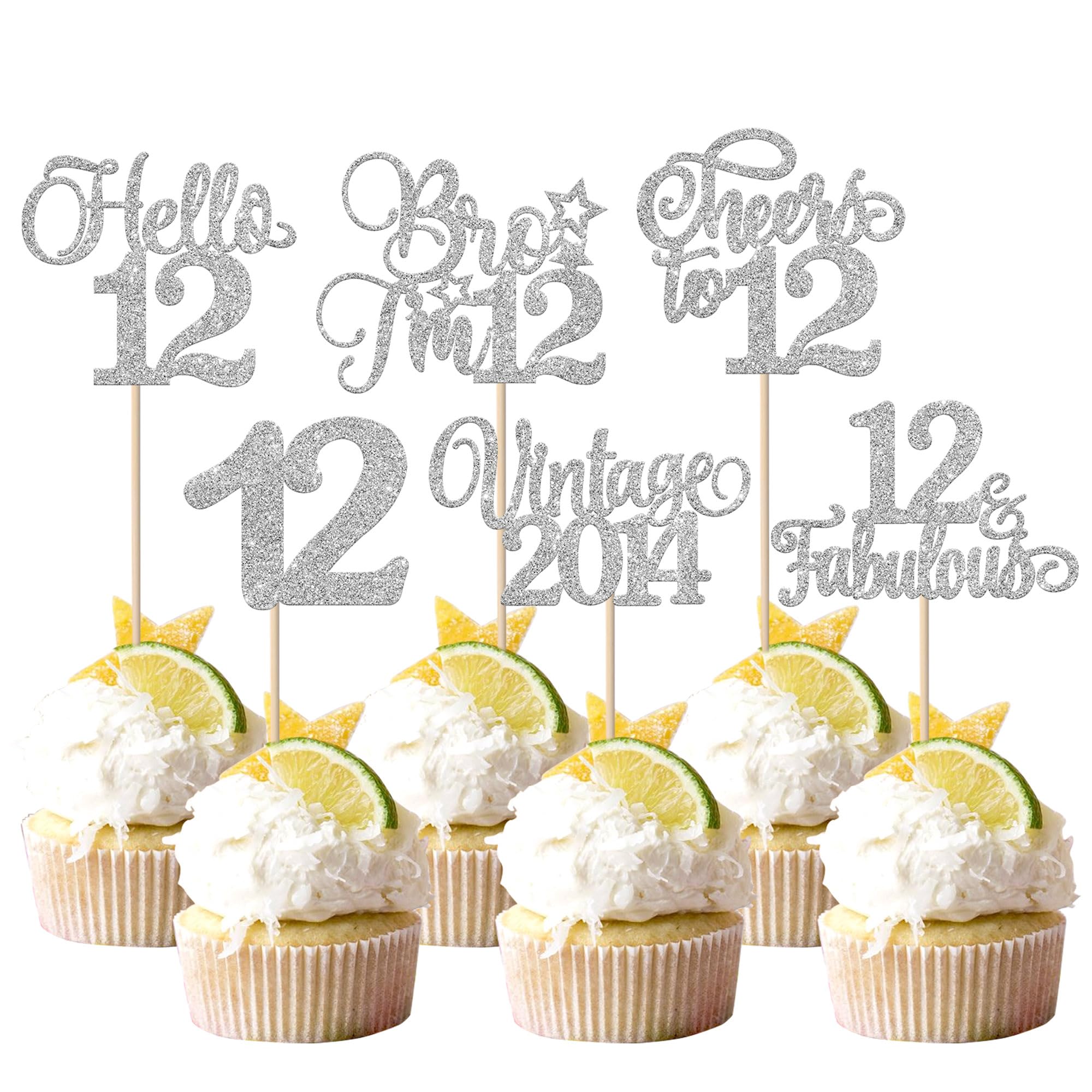Xsstarmi 24 Pack Vintage 2014 Cupcake Toppers Glitter Silver Star Bro I'm 12 Fabulous Cupcake Picks Hello 12 Cheers to 12 Years Cake Decorations for Happy 12th Birthday Anniversary Party Supplies