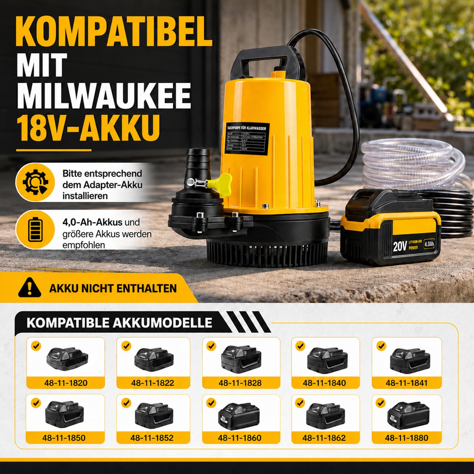 Akku Tauchpumpe für Dewalt 18V Akku (Ohne Akku), 2800L/H Klarwasserpumpe mit 12m Förderhöhe, 5m Anschlusskabel, 10m Ablaufschlauch & Sicherheitsdeckel, für Pool, Wasserbett, Garten, Teich Entwässerung