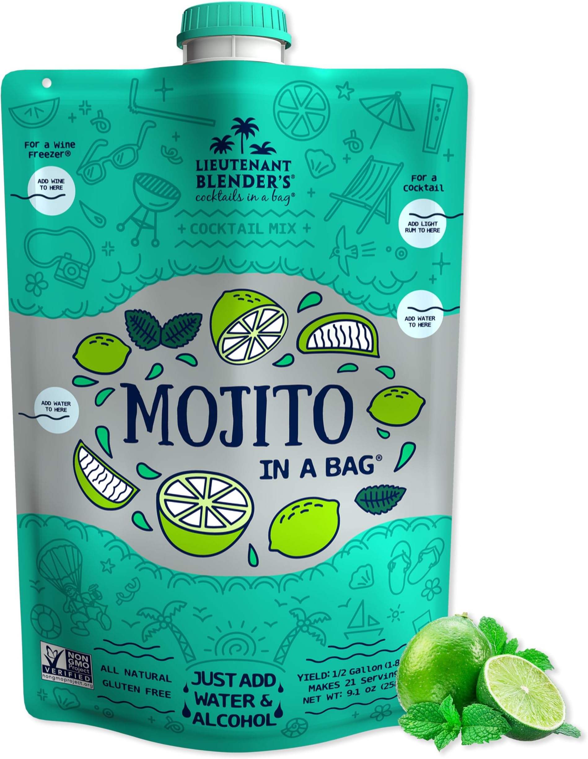 Lt. Blender's Mojito in a Bag - Makes 1/2 Gallon of Frozen Mix - Non-GMO Cocktail Mix for Slushies - Make a Cocktail, Wine Slushie or Mocktail - (Pack of 1)