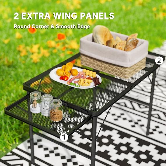 Outsunny Folding Grill Table, 4.5 ft Portable Camping Table with 2 Wing Panels, Height Adjustable Metal Outdoor Table with Mesh Desktop for Picnic, Beach, BBQ, Party, Black