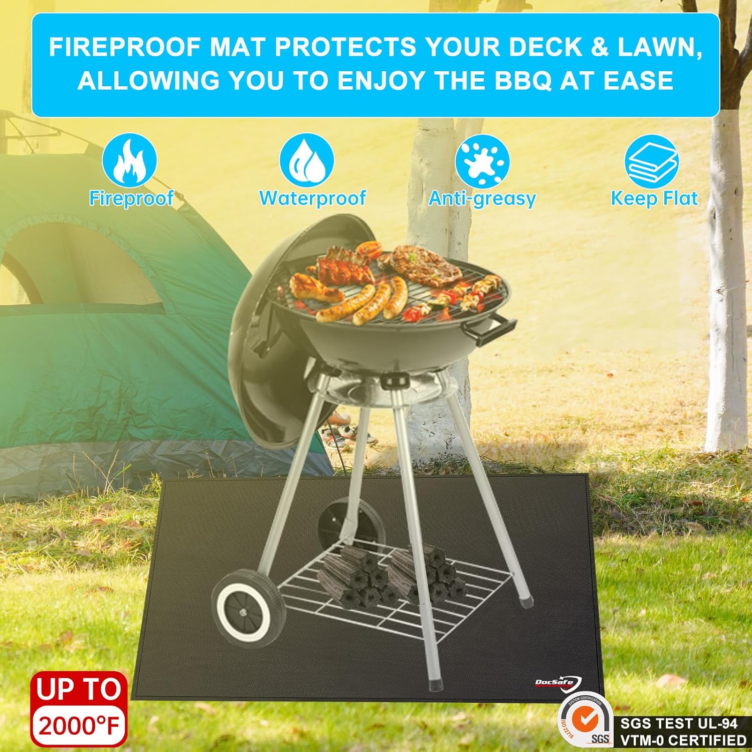DocSafe Large Under Grill Mat 48" Square Fire Pit Mat,4 Layers Fireproof Grill Pads Protect for Deck,Patio,Outdoor Charcoal,Smokers,Wood Floor,Indoor Fireplace,Reusable Oil-Proof＆Waterproof,Black