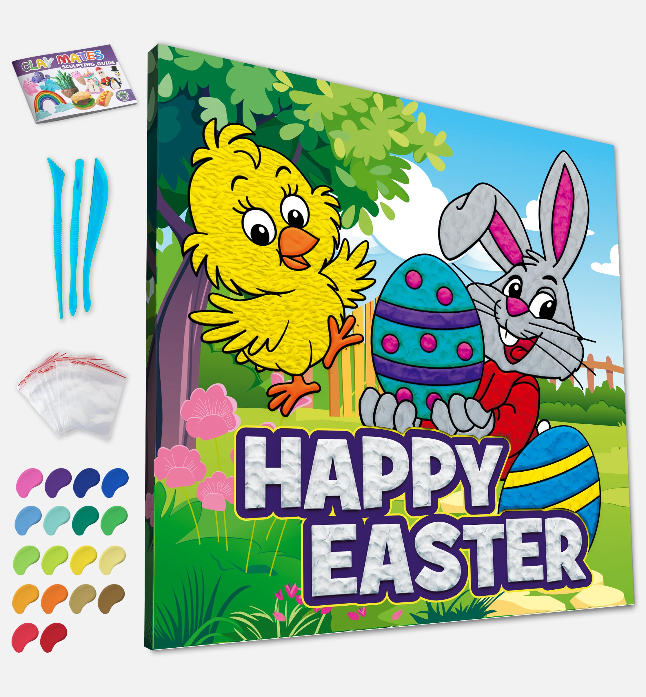 Splat Planet – Easter Chick and Bunny Clay Painting Kit – Mess Free Clay Art Canvas Kit for Kids & Adults, Air Dry Clay Craft Activity, DIY Sensory Art Kit, Easter Craft Gift Set, 30 x 30 cm