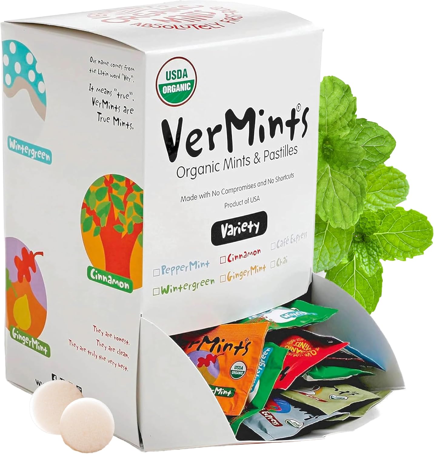 VerMints Organic Breath Mints – Travel Size Peppermints, Ginger Mints, Wintergreen, Cinnamon, Chai & Cafe Express Flavored Candy - Non-GMO, Gluten-Free, Vegan & Kosher Healthy Refresh - 120 Count