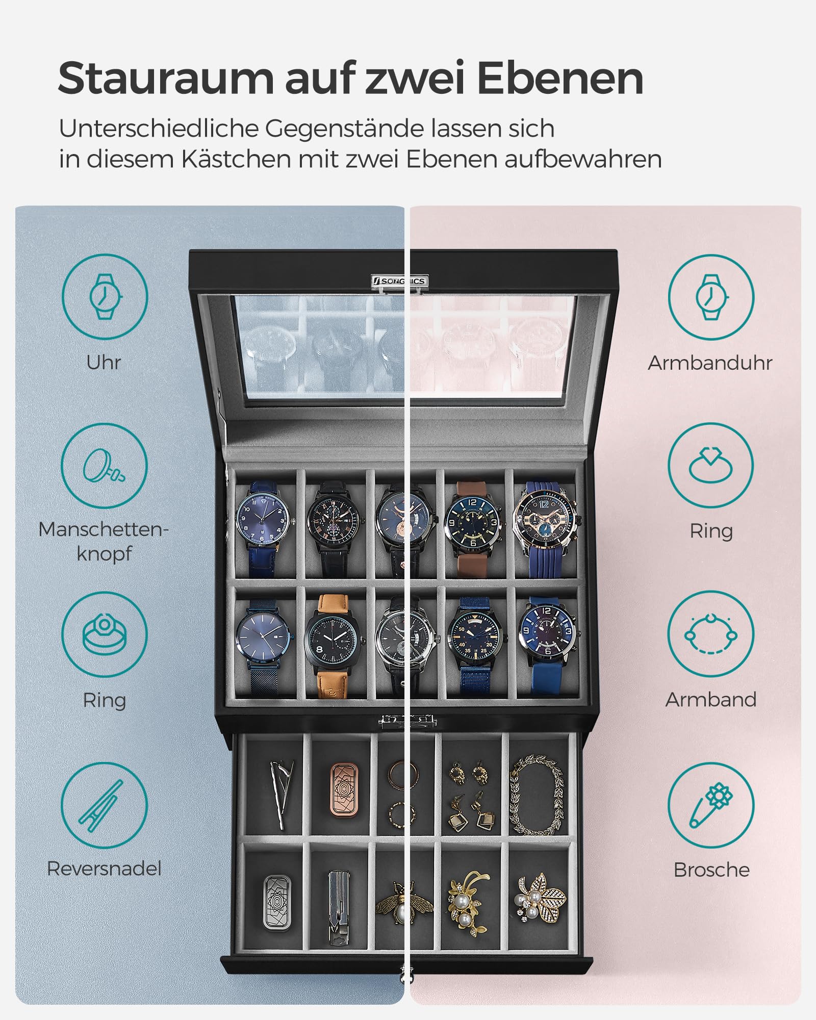 SONGMICS Uhrenbox, Uhrenkasten mit Glasdeckel, 2 Ebenen, Uhrenkoffer mit herausnehmbaren Uhrenkissen, Uhrenschatulle, Geschenkidee, PU-Bezug in Schwarz, Samtfutter in Grau JWB020