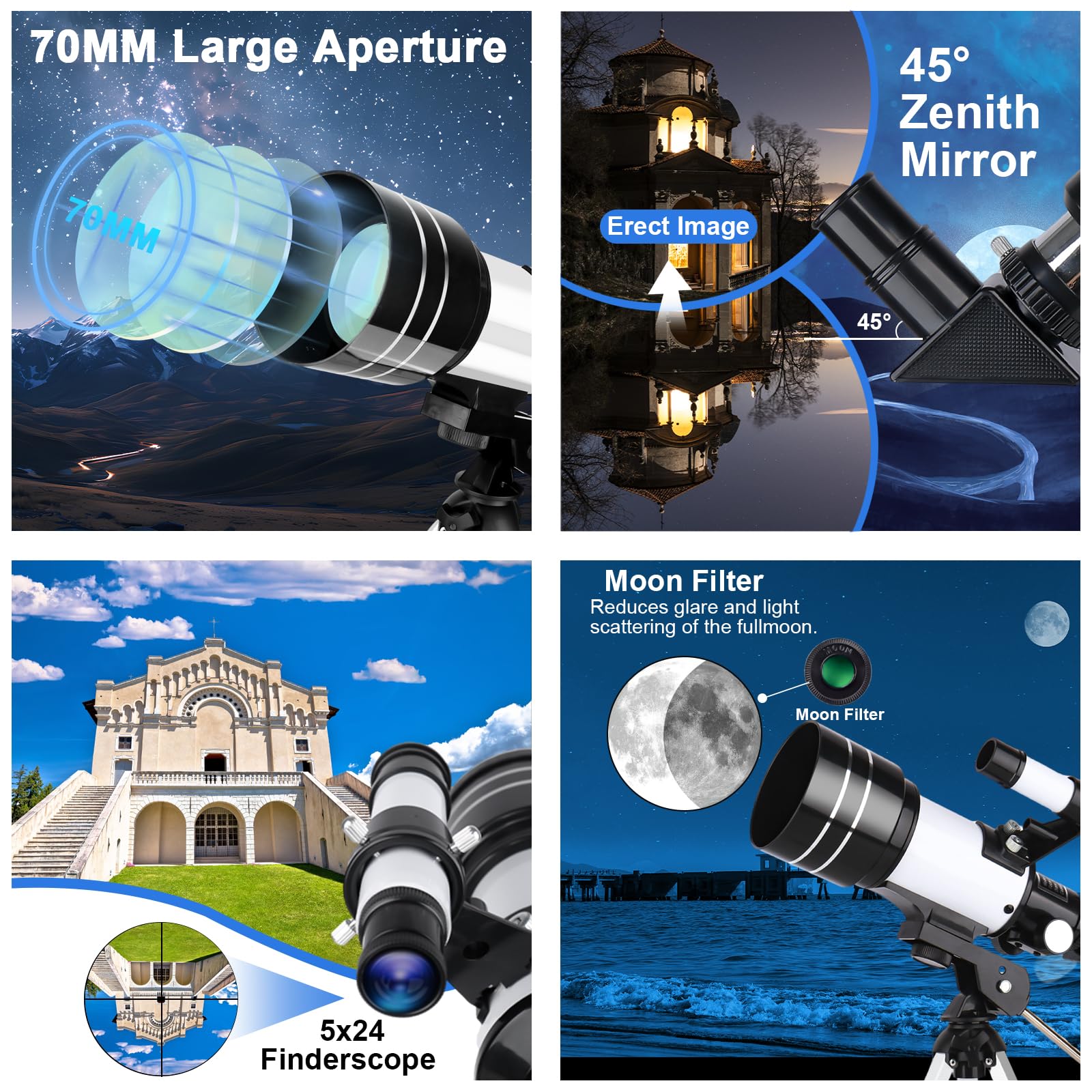 Télescope pour Enfants et Adultes, 70MM Ouverture Télescope Réfracteur de 300MM avec Trépied, Viseur 5 x 24, Adaptateur Télescopes et 2 Oculaires pour Adultes Débutants en Astronomie (Blanc)