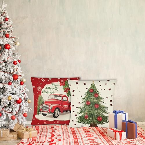 Miniatura 4 de Juego de 4 fundas de almohada de Navidad de 18 x 18 pulgadas, decoración navideña de cuadros rojos, fundas de almohada de Navidad para Navidad,